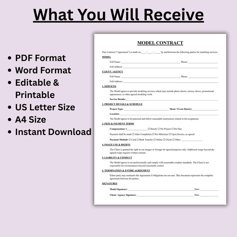 Printable Model Contract Template, One Page Modeling Service Agreement ...