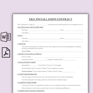 Puede incluir: Un contrato de instalación de baldosas blanco con texto negro. El documento incluye secciones para el instalador, el cliente, los servicios, la ubicación del proyecto, las tarifas y las responsabilidades. Dos iconos son visibles en el lado izquierdo del documento.