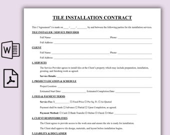 Editable Tile Installation Contract Template, Flooring Contract Form, | Simple Bathroom Remodel Contract, Printable Tile Contract PDF