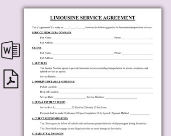 Limousine Service Agreement Template, Simple Chauffeur Service Form, Event Transportation Contract, Private Vehicle Hire, Instant Download