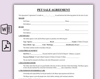 Plantilla editable de contrato de compraventa de mascotas, contrato imprimible de compraventa de cachorros, formulario de compraventa de criadores y transferencia de propiedad de cachorros.