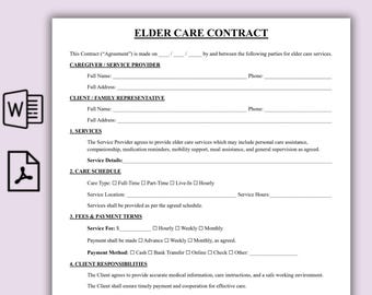 Plantilla editable de contrato de cuidado de personas mayores, contrato de cuidado de una página, acuerdo de servicio de cuidado de personas mayores, contrato imprimible de cuidado de personas mayores.