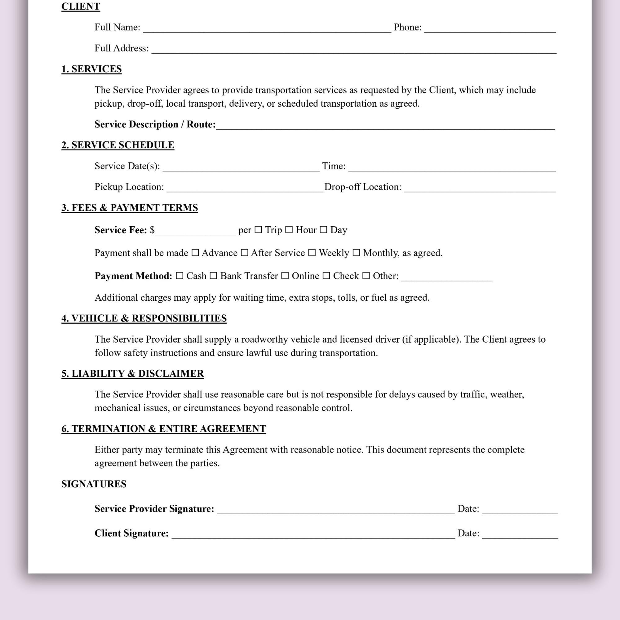 Printable Transportation Service Contract Template, One Page Transport