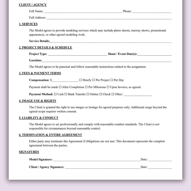 Printable Model Contract Template, One Page Modeling Service Agreement ...