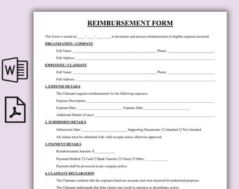 Plantilla de formulario de reembolso, formulario de reclamación de gastos de empleados en PDF de una página, formulario de reembolso editable e imprimible.