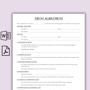 Puede incluir: Documento blanco titulado "TRUST AGREEMENT" (Acuerdo de fideicomiso) con secciones para el otorgante, el fiduciario y los beneficiarios. El documento describe la creación, el propósito y los deberes de un fideicomiso. Incluye un icono de documento de Word.