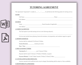 Modello di contratto di tutoraggio modificabile, contratto di tutoraggio di una pagina, contratto di coaching stampabile, contratto di insegnamento, modulo per tutor estivo