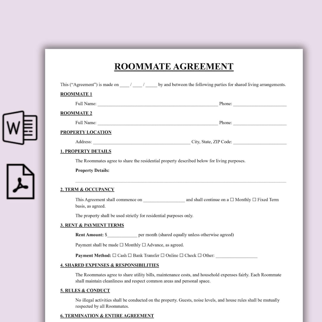 Editable Roommate Agreement Template, Simple Room Rental Contract PDF ...