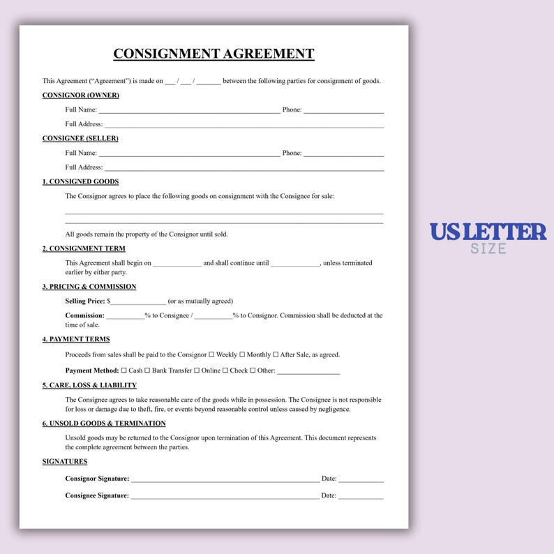 Editable Consignment Agreement, One Page Consignment Contract Form ...