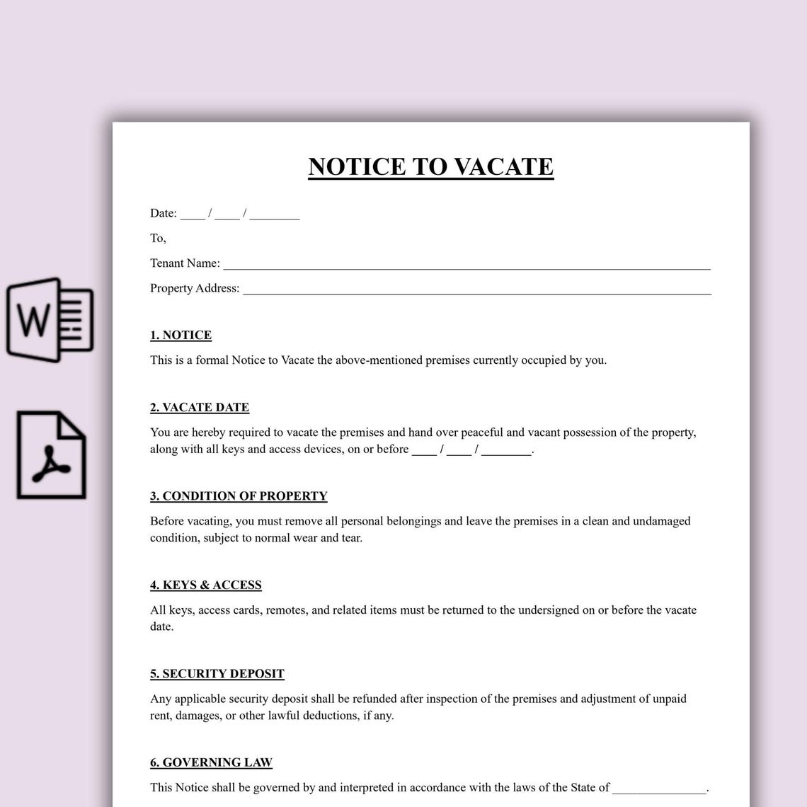 Notice to Vacate Template, One Page Eviction Notice Form, Printable ...