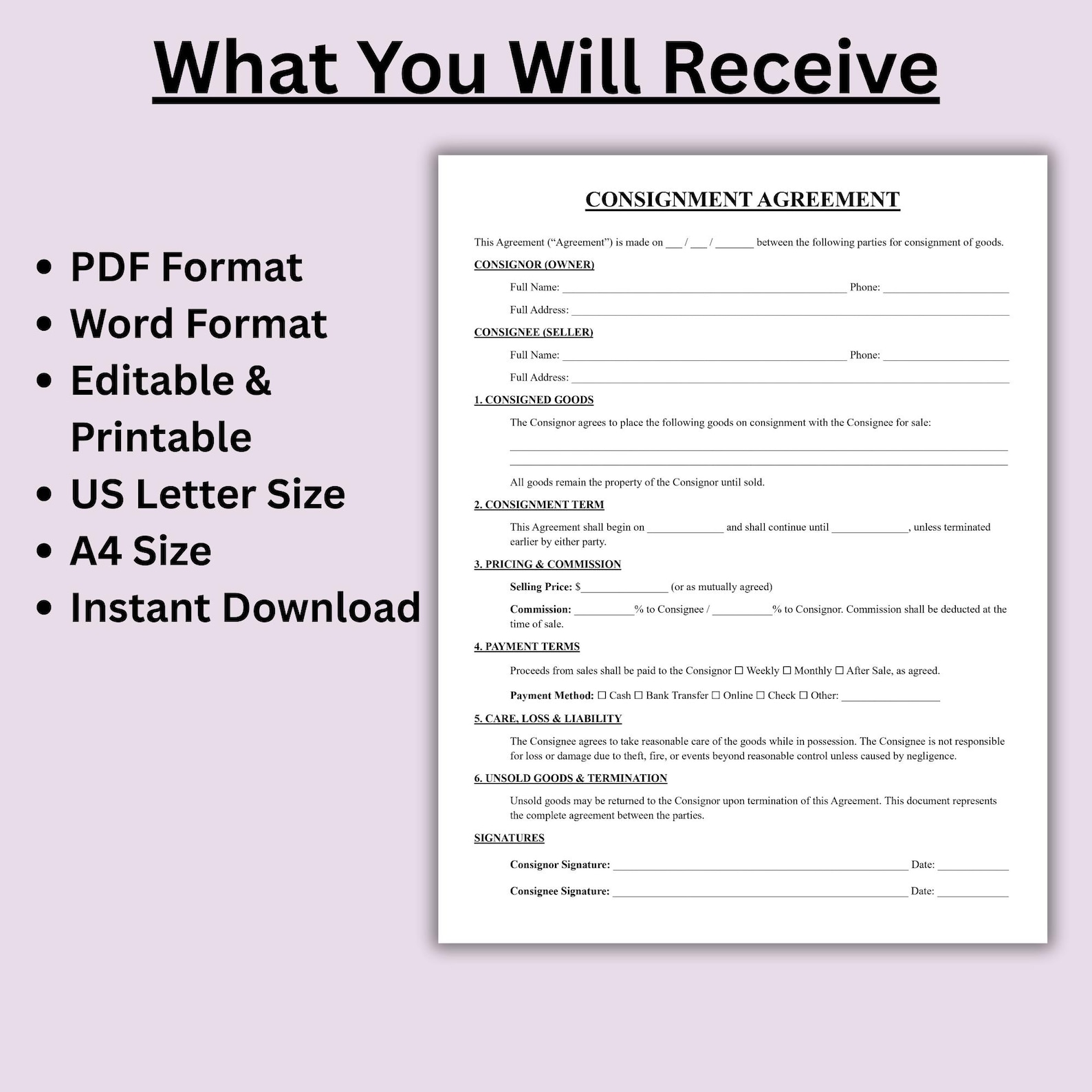 Buy Editable Consignment Agreement, One Page Consignment Contract Form ...