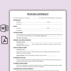 May include: A white FENCING CONTRACT document with black text. The document includes sections for contractor and client information, scope of work, project location, fees, materials, and liability.