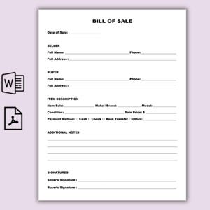 May include: A white "BILL OF SALE" document with sections for seller and buyer information, item description, and signatures. Includes fields for date, phone, item details, and payment method. Features a Word document icon and a PDF icon.