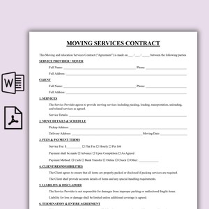 May include: A white Moving Services Contract document with black text. The document includes sections for service provider, client, services, move details, fees, client responsibilities, and liability.