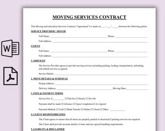 Plantilla sencilla de contrato de servicios de mudanza, acuerdo de servicios de transporte imprimible, formularios comerciales editables para servicios de reubicación.