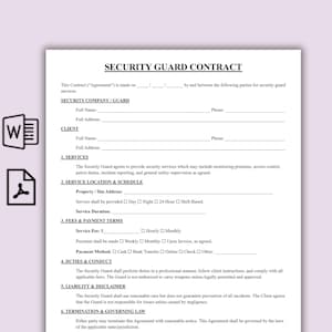 May include: A white document titled "SECURITY GUARD CONTRACT" with sections for company/guard and client information. The contract outlines services, schedule, fees, duties, liability, and termination terms. Includes checkboxes and lines for filling in details.