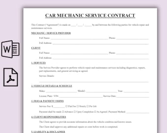 Car Mechanic Service Contract Template, One Page Vehicle Repair Agreement, Printable Auto Mechanic Service Form, Car Maintenance Contract