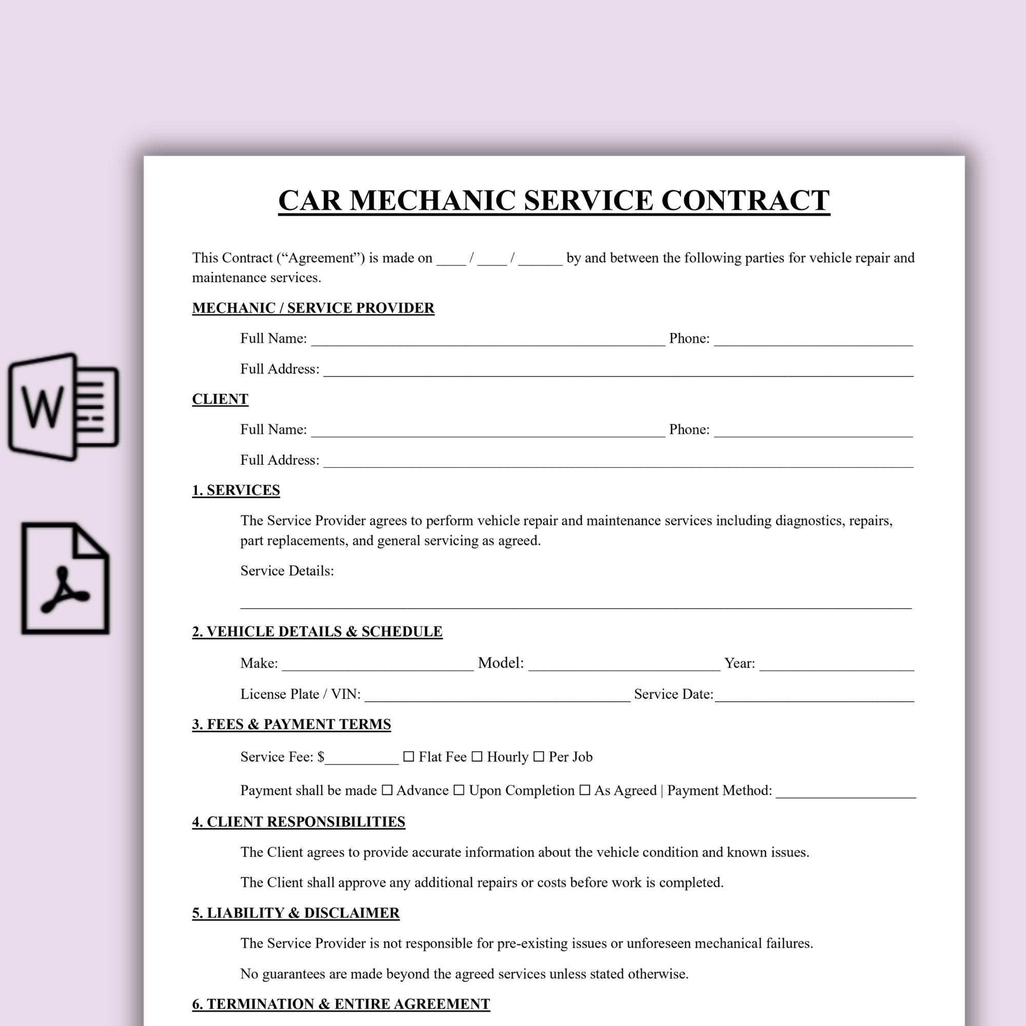 Car Mechanic Service Contract Template, One Page Vehicle Repair ...