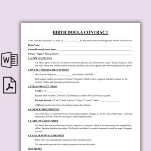 Op de afbeelding: Een Birth Doula Contract sjabloon, met secties voor doula- en clientinformatie, reikwijdte van diensten, oproepperiode, vergoedingen, clientverantwoordelijkheden, aansprakelijkheid en annuleringsvoorwaarden. Zwarte tekst op een witte achtergrond.