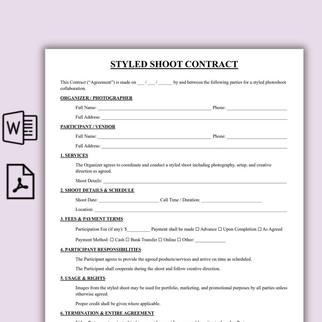 Styled Shoot Contract Template, Simple Creative Vendor Contract, Photo ...