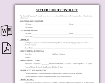 Modello di contratto per servizio fotografico a tema, contratto semplice per fornitore creativo, modulo per l'utilizzo e i diritti delle foto, liberatoria stampabile per servizio fotografico a tema