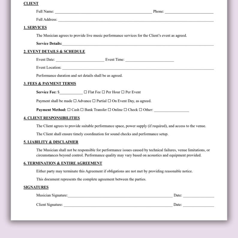 Musician Contract Template, One Page Live Music Performance Agreement