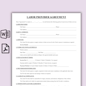 Op de afbeelding: Een Arbeidsaanbiederovereenkomst document met zwarte tekst op een witte achtergrond. Het document bevat secties voor Arbeidsaanbieder, Klant/Bedrijf, Diensten, Werklocatie & Schema, Kosten & Betalingsvoorwaarden, Verantwoordelijkheden aanbieder, Aansprakelijkheid & Naleving.