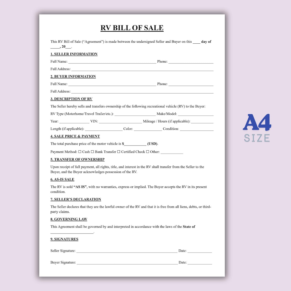 Printable Rv 4 Square Sales Template.pdf RV Bill of Sale Template, One Page Recreational Vehicle Sale Contract ...