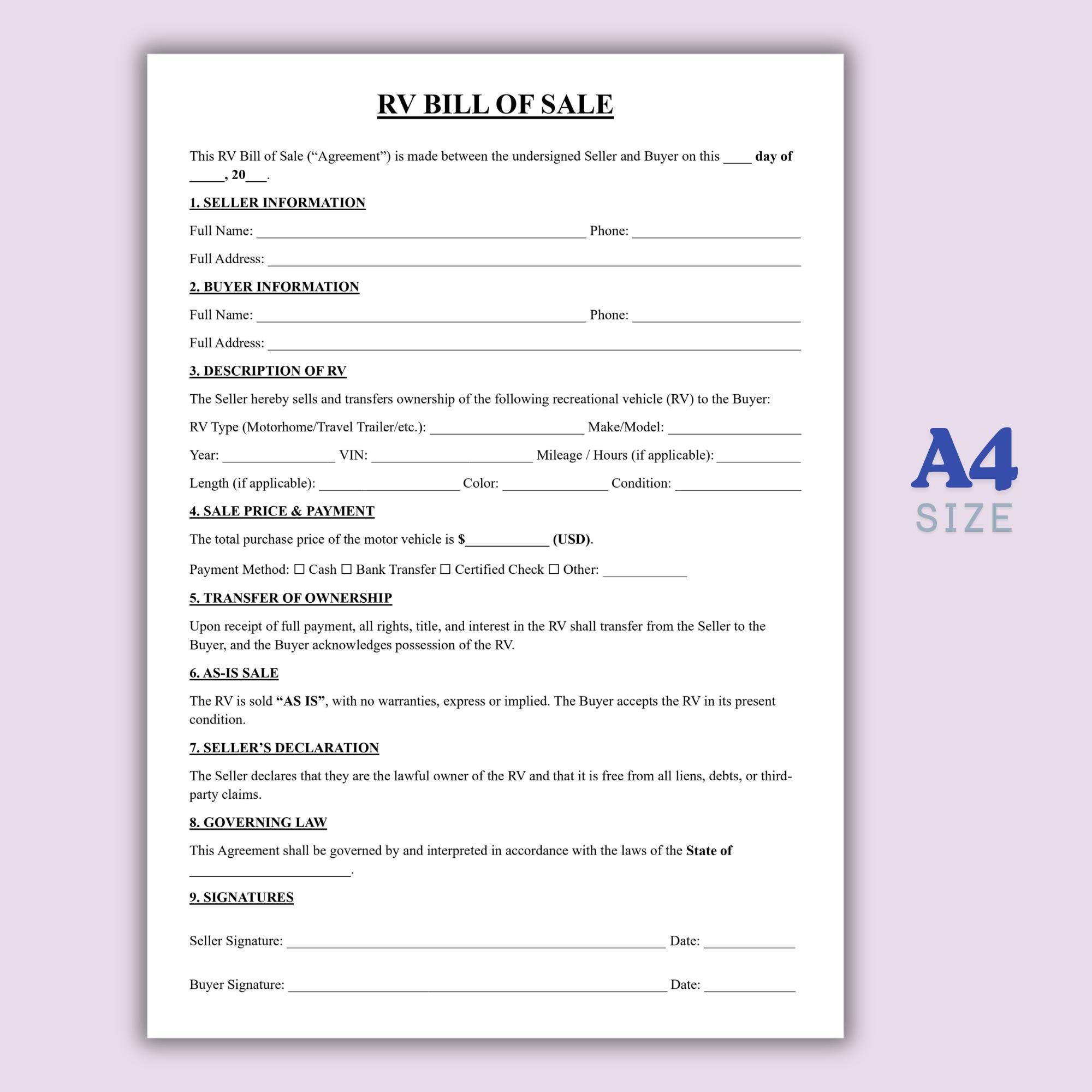 RV Bill of Sale Template, One Page Recreational Vehicle Sale Contract ...