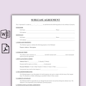 Könnte beinhalten: Ein weißes Untermietvertrag-Formular mit schwarzem Text. Das Dokument enthält Abschnitte für den Untervermieter, den Untermieter, das untervermietete Objekt, die Untermietdauer, die Miete, die Zahlungsbedingungen, die Nutzung, die Verantwortlichkeiten, die Haftung, den Schaden und die Kündigung.