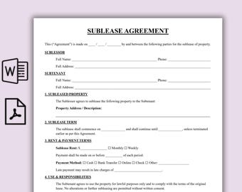 Bewerkbare sjabloon voor onderhuurovereenkomst, Formulier voor commerciële onderhuur van één pagina, Afdrukbare onderhuurovereenkomst, Directe download