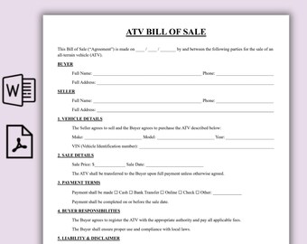 Sjabloon verkoopfactuur, professionele ATV-verkoopovereenkomst, ATV-verkoopbewijs, verkoopfactuur voertuig, afdrukbaar overdrachtsformulier eigendom