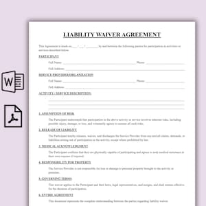 May include: A Liability Waiver Agreement document with text fields for participant and service provider information. The document outlines terms including assumption of risk, release of liability, and medical acknowledgment. The document is on a white background.
