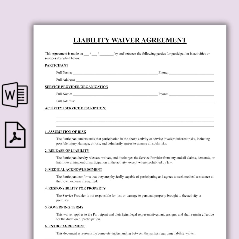 One Page Liability Waiver Agreement, Editable Release of Liability ...
