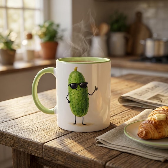 Coole Gurke Keramiktasse 325ml | Doppelseitig bedruckt | Lustige Sonnenbrille Gemüse Tasse | Yumlings Geschenk Kaffeebecher