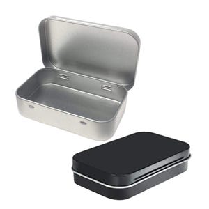 Metalowe pudełko z pokrywką i zawiasami. Dwa kolory do wyboru: pudełko blaszane, puszka blaszana, puszka z pokrywką, portfel Altoids, pudełko na akwarele, pudełko na papierosy.