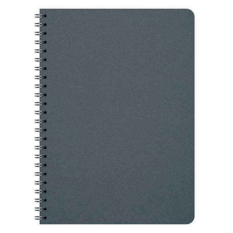 May include: A dark gray spiral bound notebook with a textured cover.
