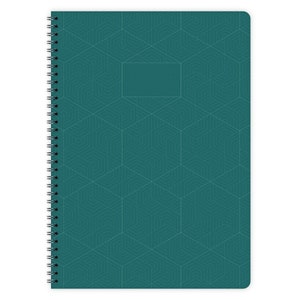 Könnte beinhalten: Ein blaugrünes Spiralnotizbuch mit geometrischem Muster und einem leeren Etikett auf dem Einband.
