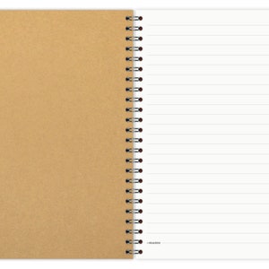 May include: A brown cardboard notebook with a white lined paper insert. The notebook is bound with a silver coil.