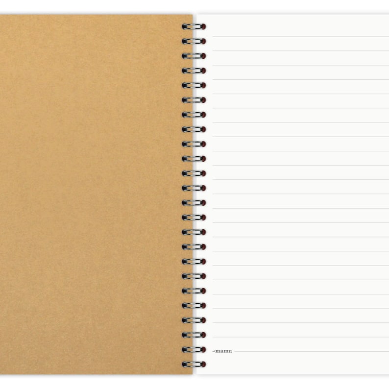 May include: A brown cardboard notebook with a white lined paper insert. The notebook is bound with a silver coil.