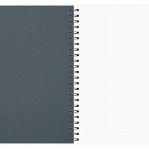 May include: A gray spiral bound notebook with a white dotted page on the right side.