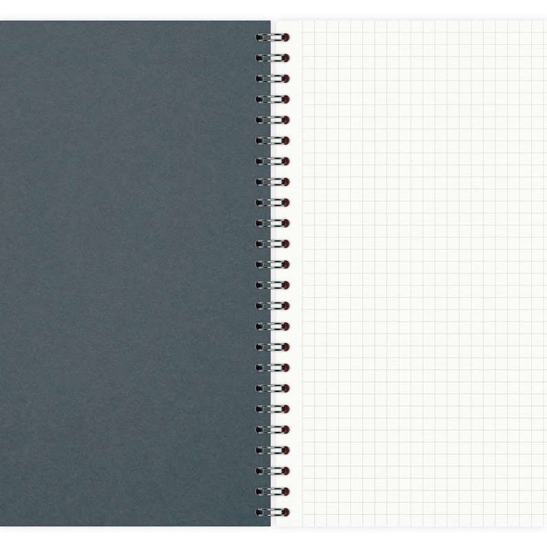 May include: A gray spiral bound notebook with a white gridded page on the right side.