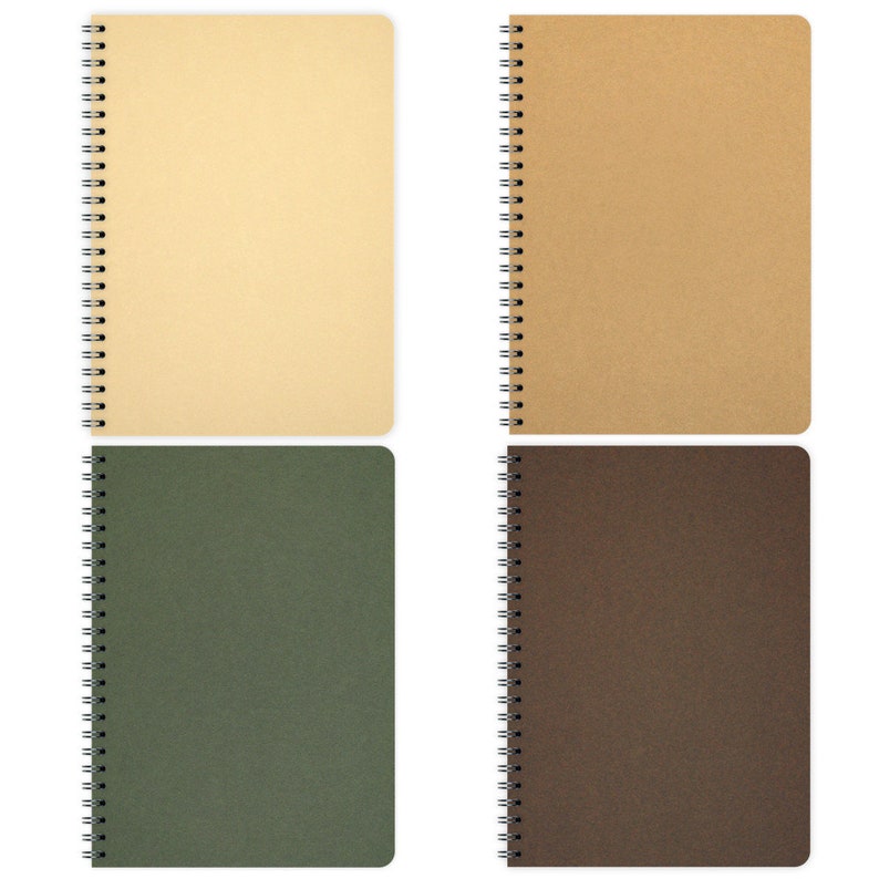 May include: Four spiral bound notebooks with different colored covers. The covers are beige, brown, green, and dark brown.
