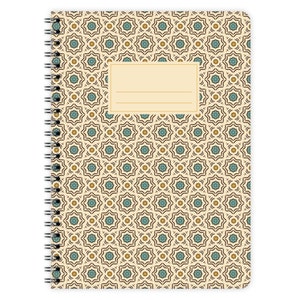 May include: Spiral-bound notebook with a repeating geometric pattern in teal, gold, and brown on a cream background. It has a blank label area. Suitable for writing and note-taking, this notebook is a stationery item.