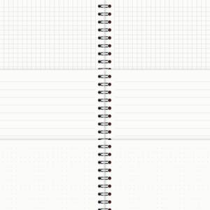 May include: A white notebook with a spiral binding. The notebook has three different types of paper: grid, lined, and dotted.