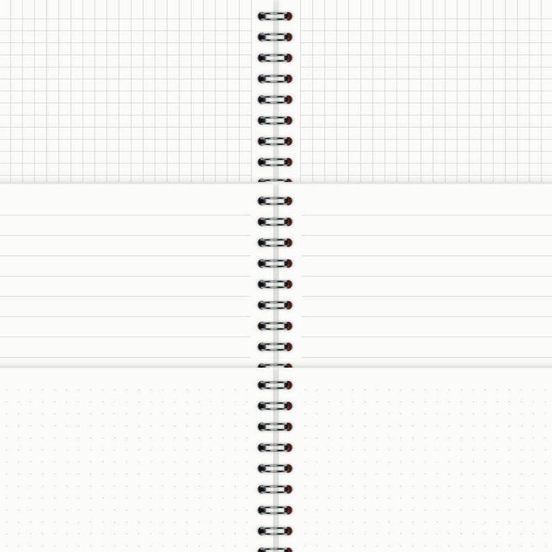 May include: A white notebook with a spiral binding. The notebook has three different types of paper: grid, lined, and dotted.