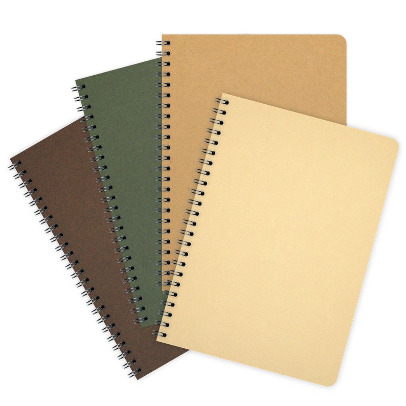 May include: Four spiral bound notebooks in different colors: brown, green, beige, and cream. The notebooks are stacked on top of each other.