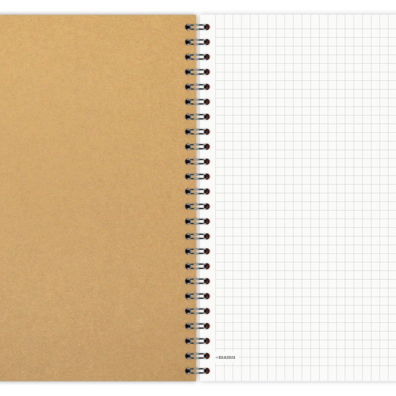 May include: A spiral bound notebook with a brown paper cover on the left and a white gridded page on the right. The notebook has a black and red coil binding.