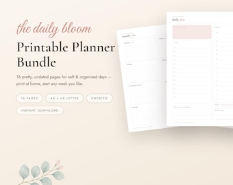 Afdrukbare plannerbundel, ongedateerd dagelijks wekelijks maandplanner, gewoontetracker, budget, maaltijdplanner, zelfzorgdagboek, A4 US Letter pdf