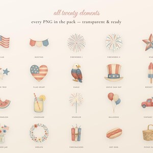 4th of July Clipart Watercolor PNG, Patriotic Clipart Bundle, Americana Sublimation, Fireworks Flag Truck, Transparent, Commercial Use image 3